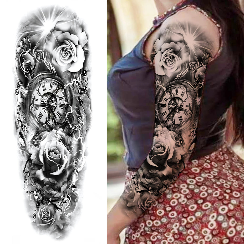 1 Sheet Full Arm Compass Zeus Skull Tiger Lion Flower Temporary Tattoos Sleeve For Men Women Adults Fake Temp Sticker Tattoo