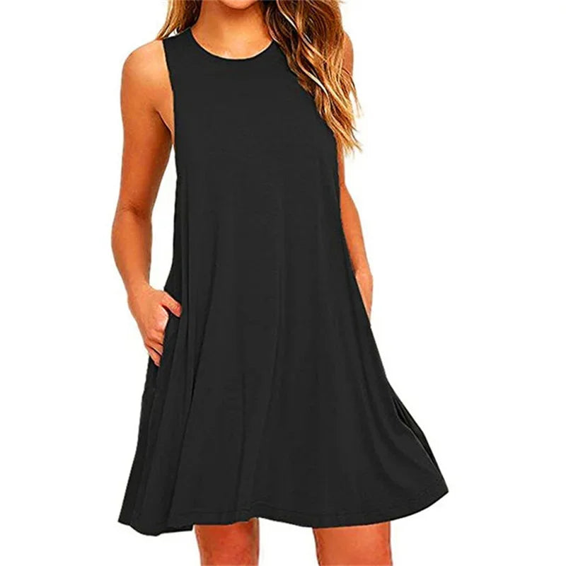 Damenkleid Sommer Freizeit T-Shirt Kleider Strandüberzug Einfarbig Plissee Tanktaschen Kleid