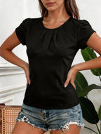 Damen Chiffon Bluse Schwarz Rundhals Plissiert Puffärmel Oberteil Locker Sitzende Lässige Chic Hemden Tops Frühling Sommer Büro Alltagskleidung