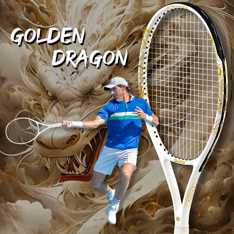 Golden-Dragon Carbonfaser Tennisschläger für Erwachsene, ideal für Fortgeschrittene, Drachen-Design im chinesischen Stil, 50–60 lbs, Gratis-Geschenke