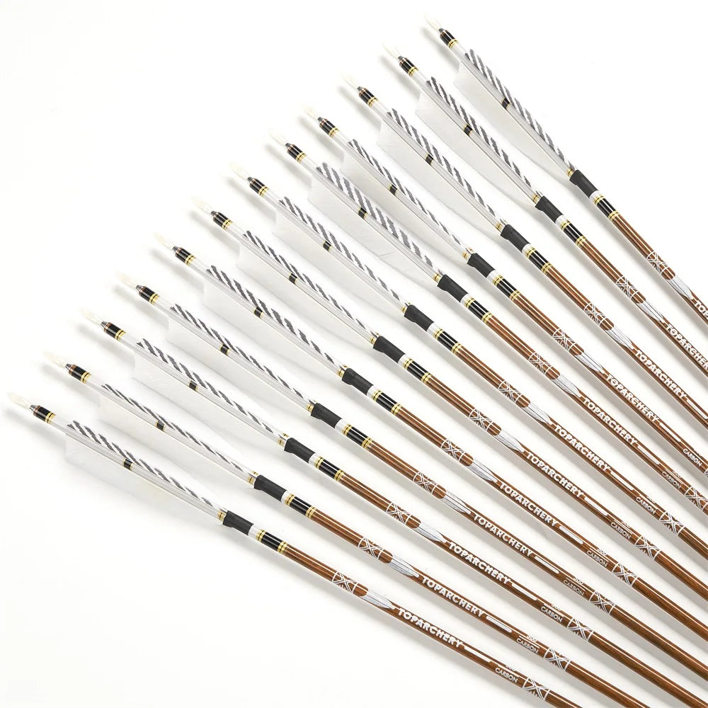 6/12/24pcs 32Inch Archery 100%Pure Carbon Arrows ID 6.2mm Wooden Shaft with 5'' Natural Feathers for Hunting Shooting