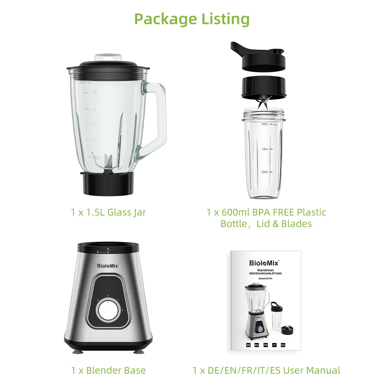 BioloMix Professional 1300W Standmixer mit 1,5L BPA-freiem Glaskrug, perfekt für gefrorene Smoothies und hausgemachte Saucen