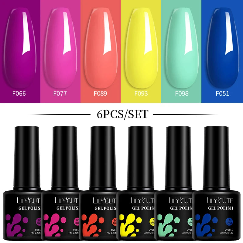 LILYCUTE 7ML 6PCS Neon Gel Nagellack Set fluoreszierend Farbwechsel Semi Permanent Soak Off Maniküre-Kit Nail Art Gel