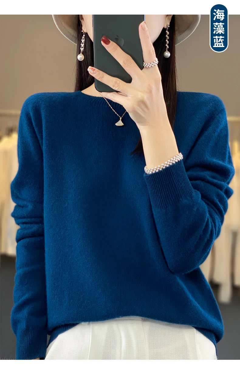 100 % Merinowolle Pullover Damen O-Ausschnitt Kaschmir Strickwaren Female Pullover Herbst Winter Freizeit Oberteile Einfarbig Weiche Kleidung