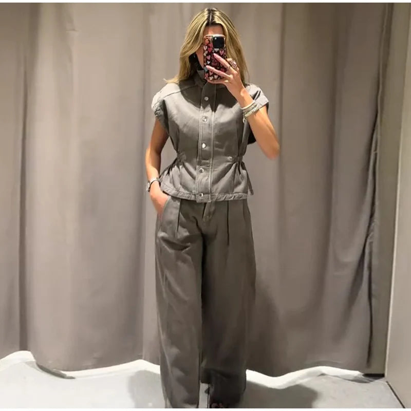 Jeansweste Lockere Lange Hose Damen Set Stehkragen Einreiher Taillierte Oberteile Hohe Taille Hose Schicke Lässige Damen Neue Sets