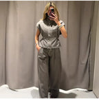 Jeansweste Lockere Lange Hose Damen Set Stehkragen Einreiher Taillierte Oberteile Hohe Taille Hose Schicke Lässige Damen Neue Sets