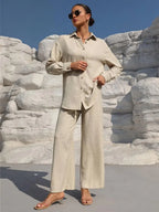 Große Größen Casual Locker Zweiteiler Weites Bein Hose Langarmshirt Hellbeige Street Style Elegant Qualität Polyester Somm...