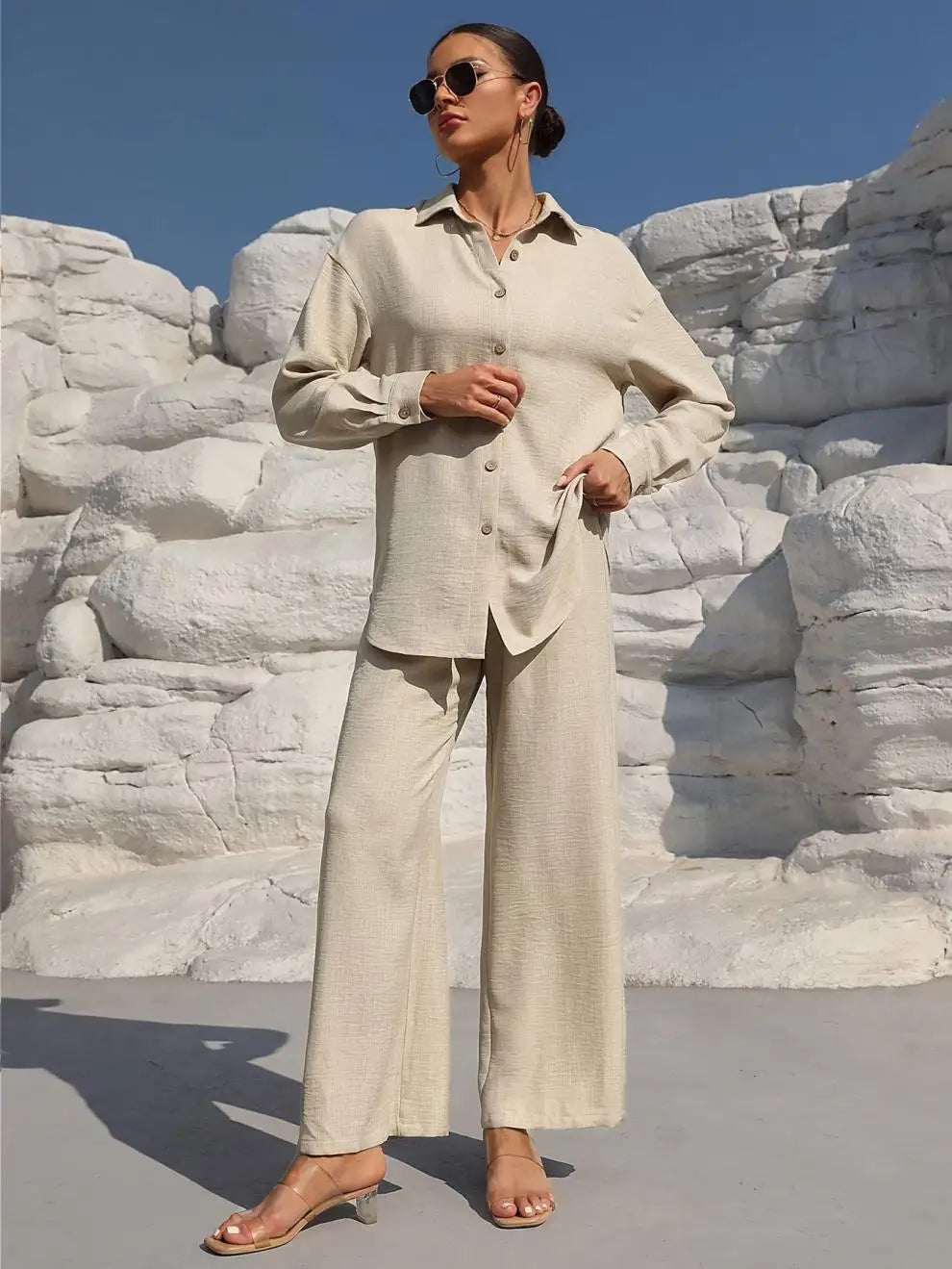 Große Größen Casual Locker Zweiteiler Weites Bein Hose Langarmshirt Hellbeige Street Style Elegant Qualität Polyester Somm...