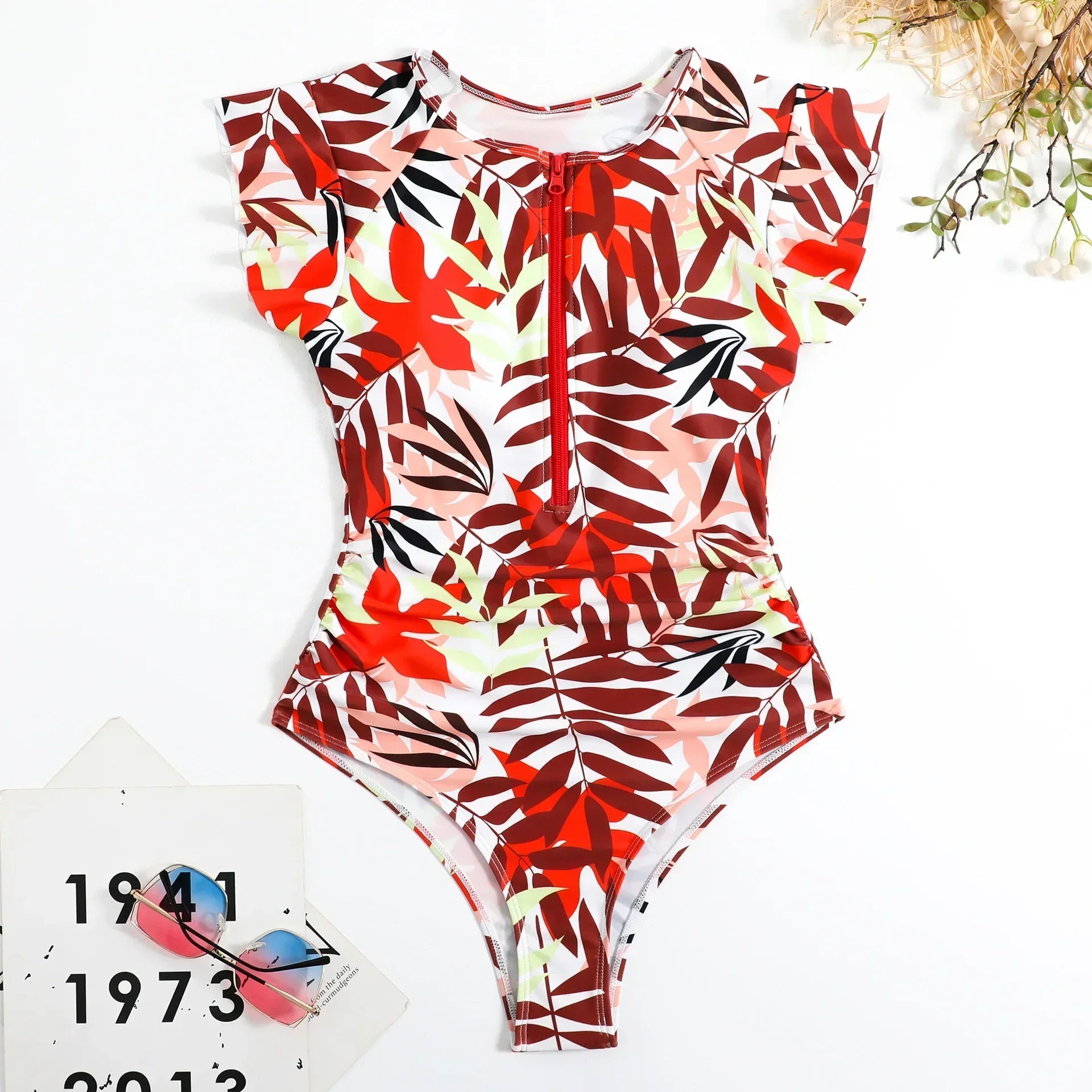 2024 Mode Kurzes Kleid Einteiliger Badeanzug Reißverschluss Badeanzug Sexy Bikini Damen Verdickte Bedruckte Badebekleidung Strandmode Sommer