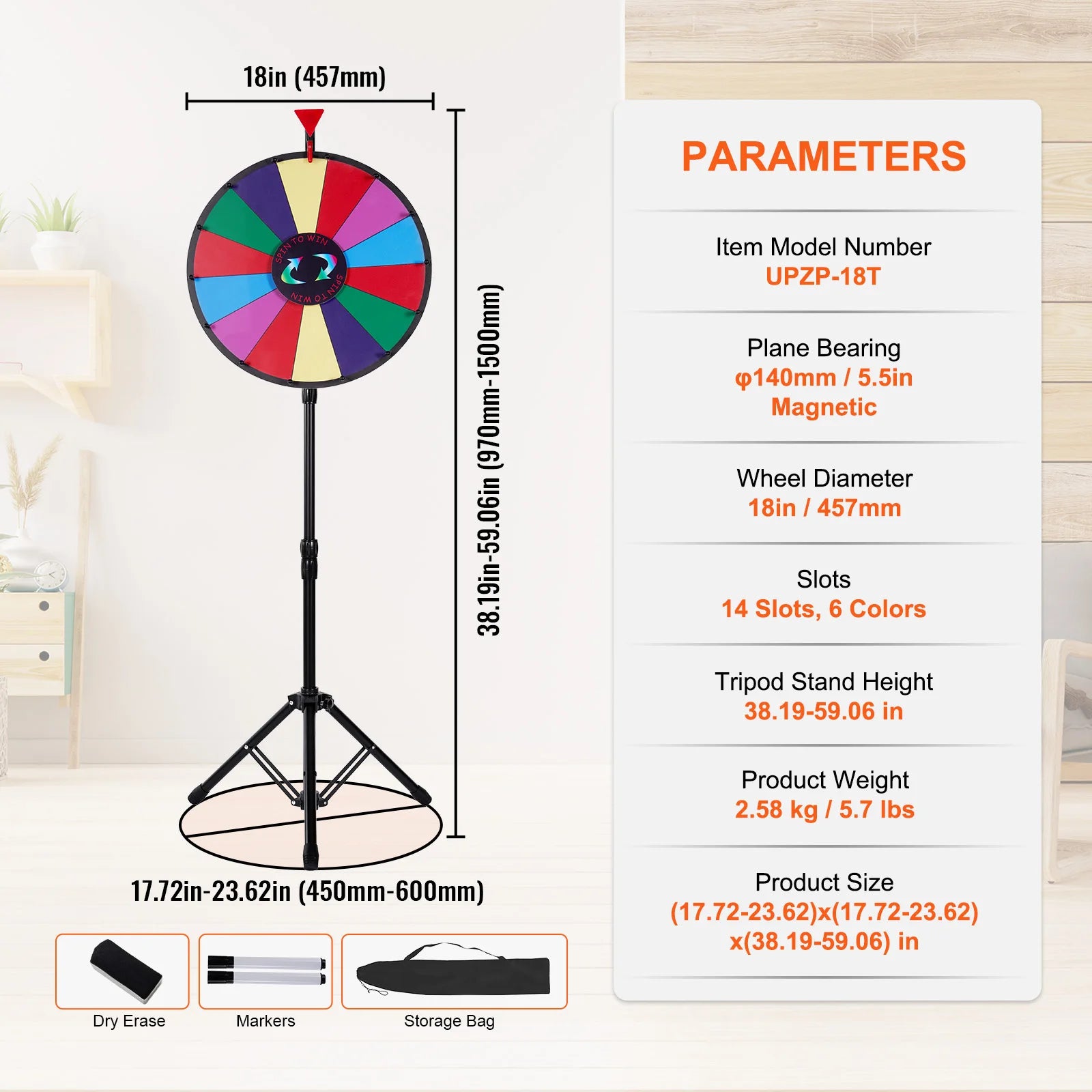 SucceBuy 18 Zoll Tisch-Farbgewinnrad mit faltbarem Stativ-Bodenständer, 14 Fächer, trocken abwischbar, für Gewinn-Glücksrad-Spiel