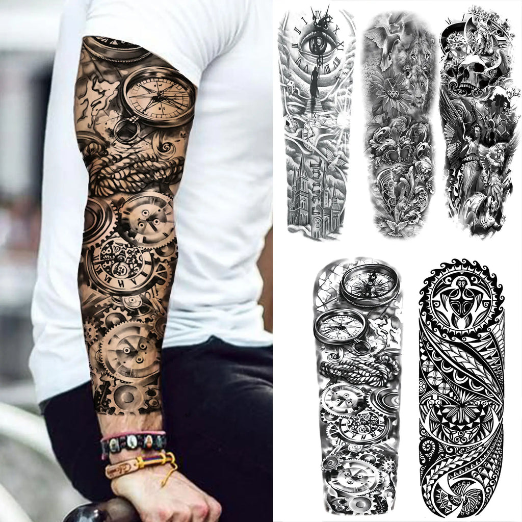 Kompass Roboterarm Temporäre Tattoos Ärmel für Männer Frauen Realistische Gefälschte Totenkopf Engel Ganzarm Tattoos Maori Totem Tattoo Aufkleber