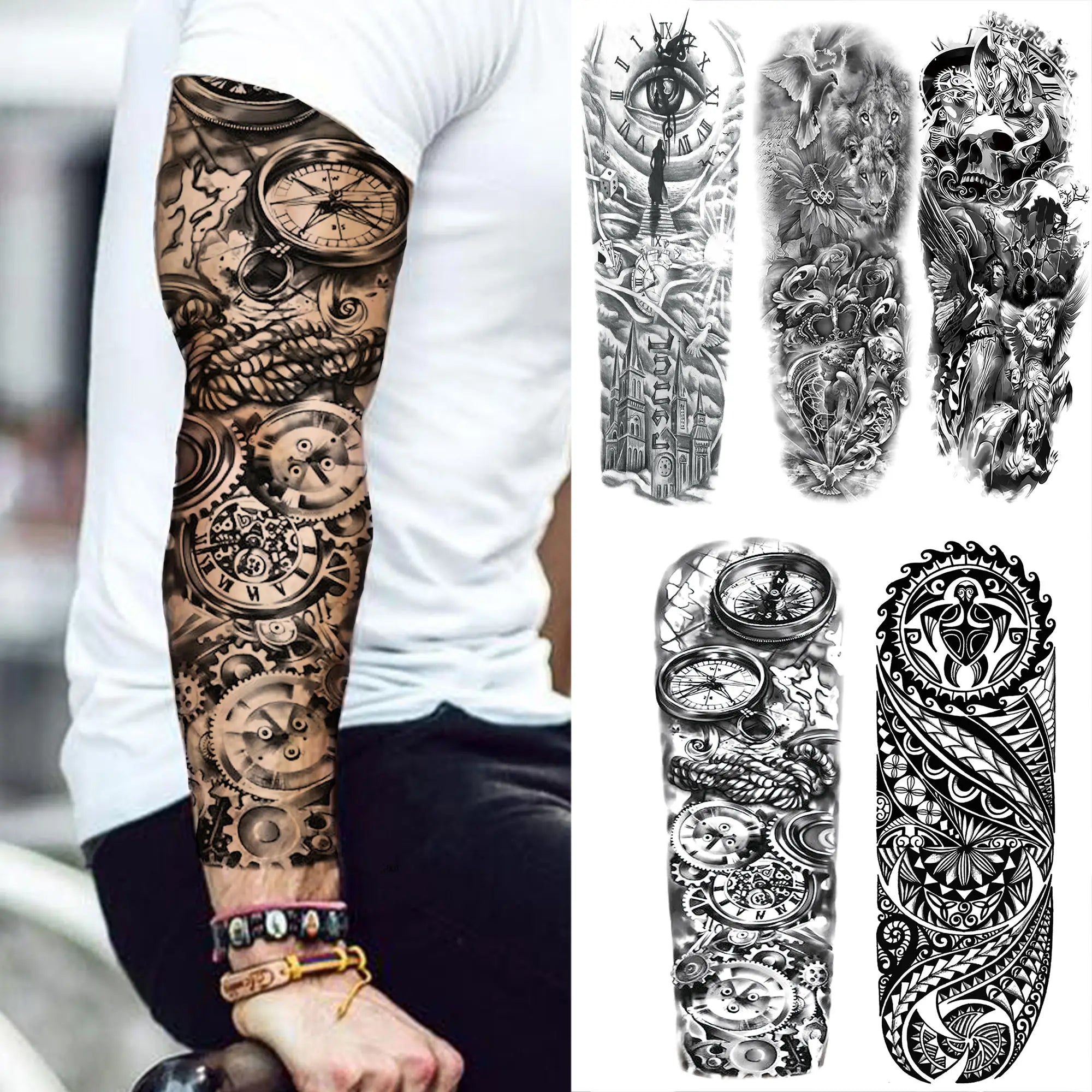 Kompass Roboterarm Temporäre Tattoos Ärmel für Männer Frauen Realistische Gefälschte Totenkopf Engel Ganzarm Tattoos Maori Totem Tattoo Aufkleber