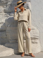 Große Größen Casual Locker Zweiteiler Weites Bein Hose Langarmshirt Hellbeige Street Style Elegant Qualität Polyester Somm...