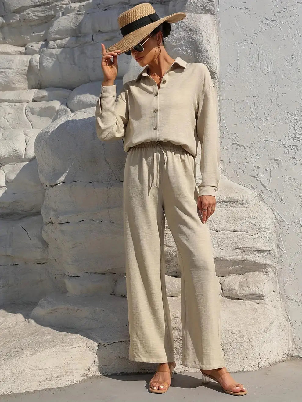 Große Größen Casual Locker Zweiteiler Weites Bein Hose Langarmshirt Hellbeige Street Style Elegant Qualität Polyester Somm...