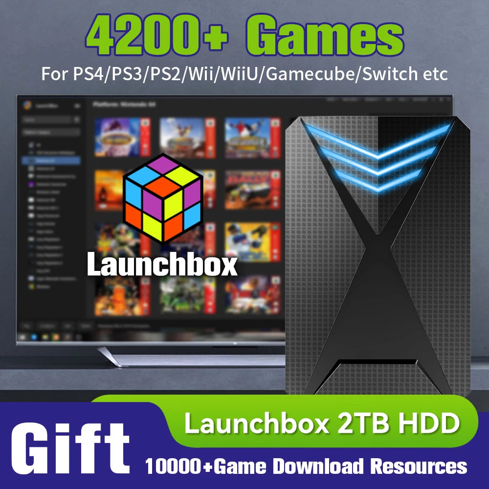 JMachen Hyper Base Lbox Retro-Spielekonsole für PS4/PS3/Switch/PS2/Wii/WiiU/PS1 Launchbox 2TB Gaming-HDD mit über 4200 PC-/3D-Spielen