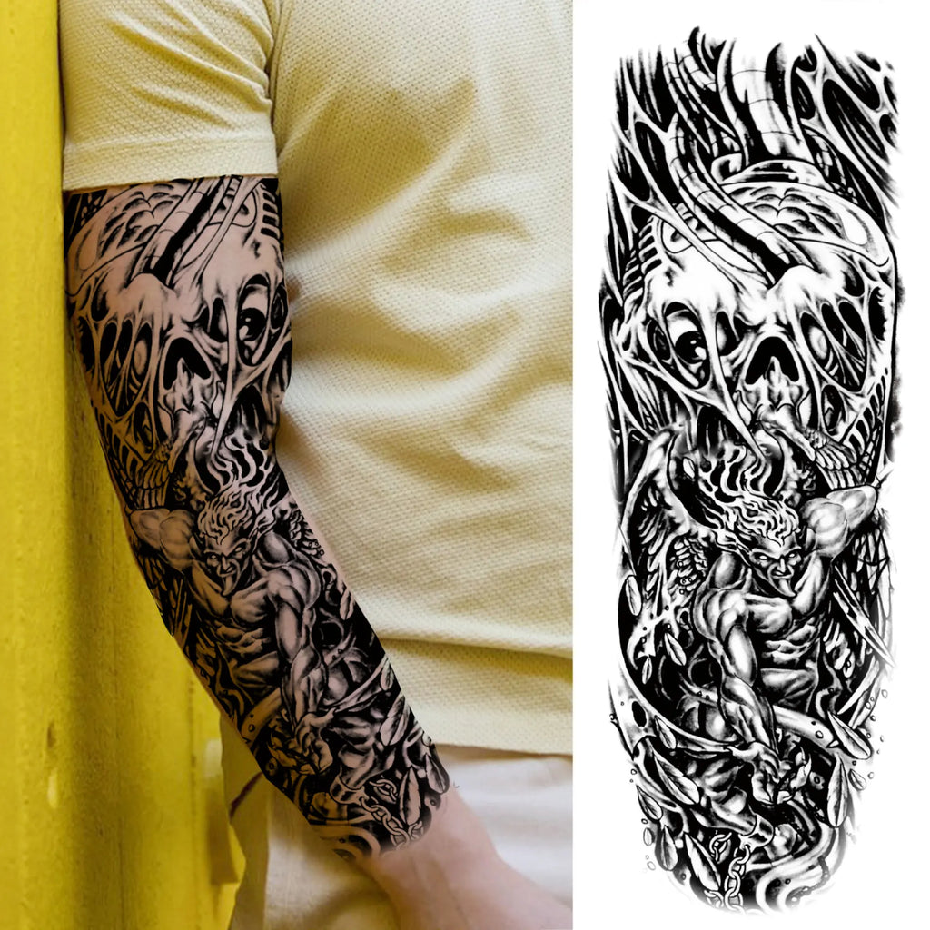 Kompass Roboterarm Temporäre Tattoos Ärmel für Männer Frauen Realistische Gefälschte Totenkopf Engel Ganzarm Tattoos Maori Totem Tattoo Aufkleber