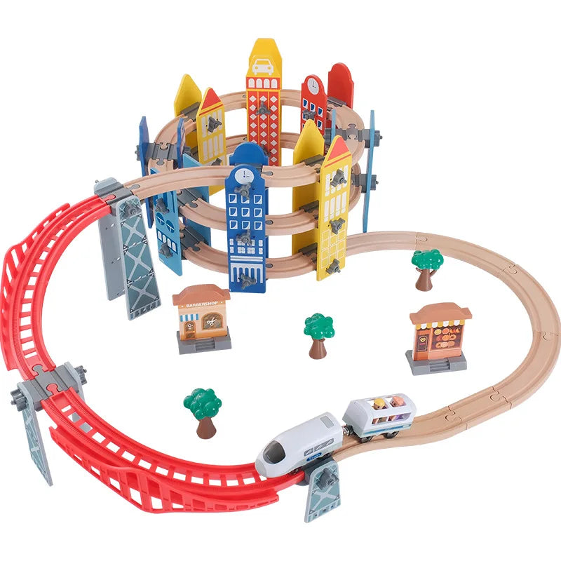 Neues Holzeisenbahn-Schienenset, elektrischer Zug, Magnetauto, Druckguss-Steckplatz, passend für alle Marken, Biro Holzschienen, Montagespielzeug, Jungen-Geschenk Hauptbild