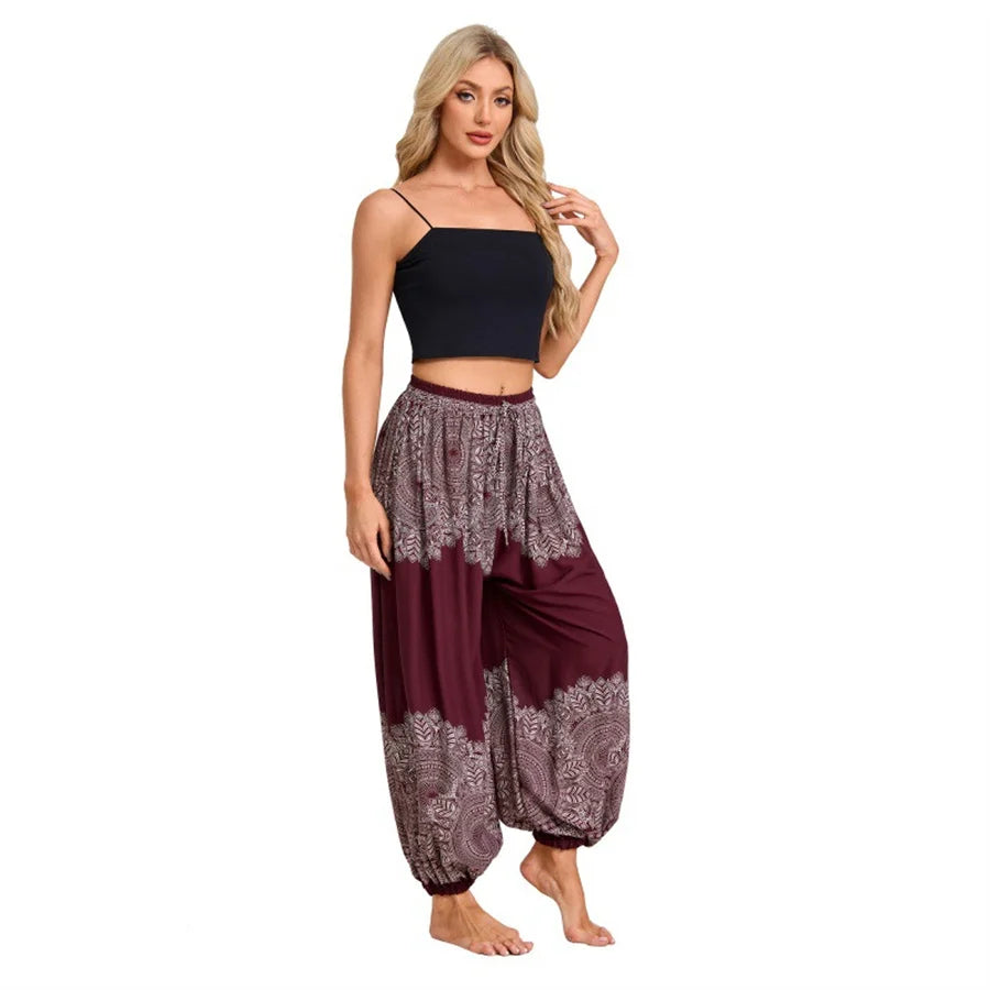 Damen Boho Weite Hosen Haremshose Erwachsene Hohe Taille Yoga Loose Laternenhose Atmungsaktive Strandhose Urlaub Bedruckte Jogger