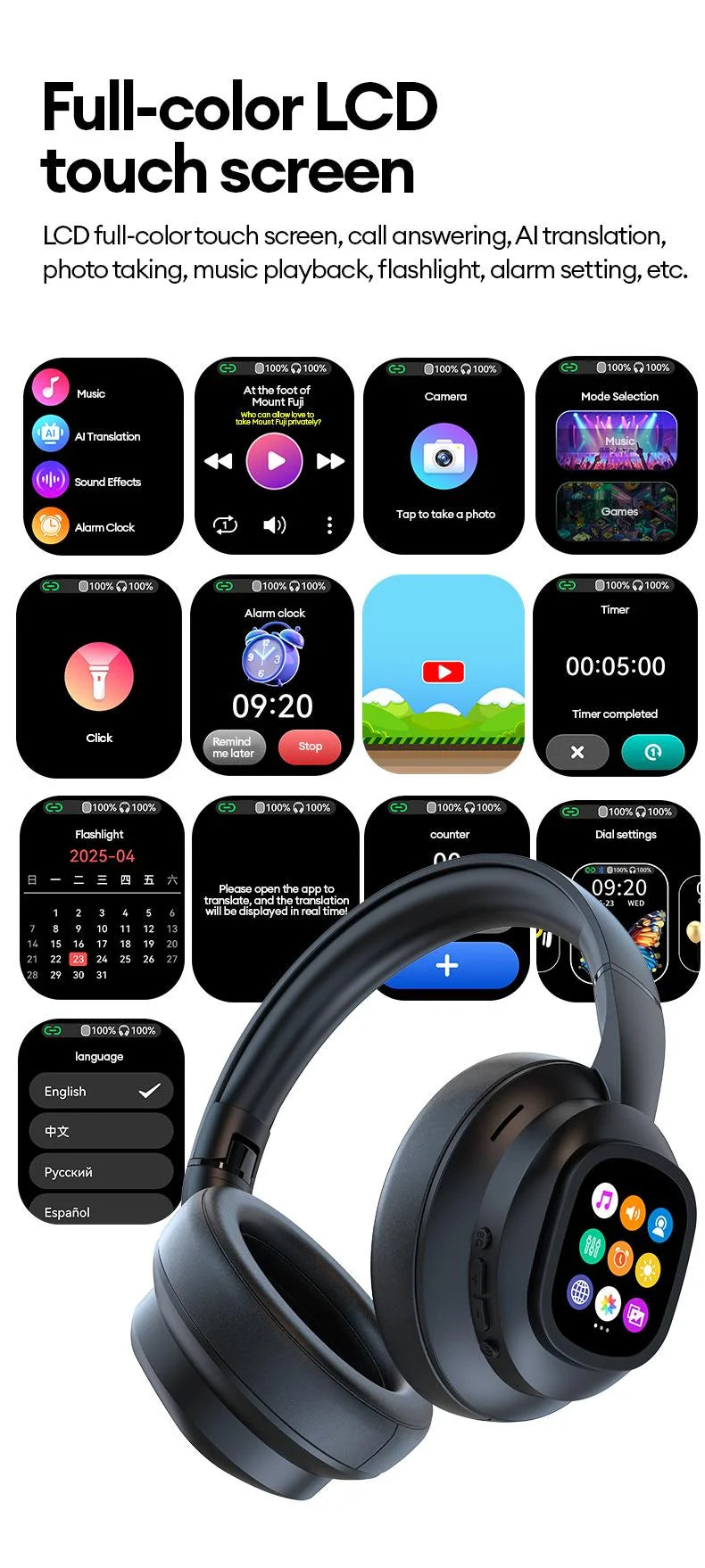 AI LCD Touchscreen Shock Bass Headsets HIFI Sound Kabellose Bluetooth-Kopfhörer ANC Geräuschunterdrückung Gamer-Ohrhörer mit Mikrofon