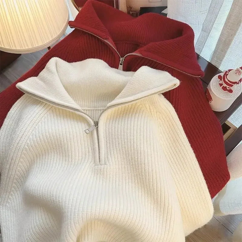 Damen Half-Zip Kragen Pullover Weicher Strick Langarm Kurzer Pulli Herbst Winter Teenager-Mädchen Koreanisches Mode-Outfit