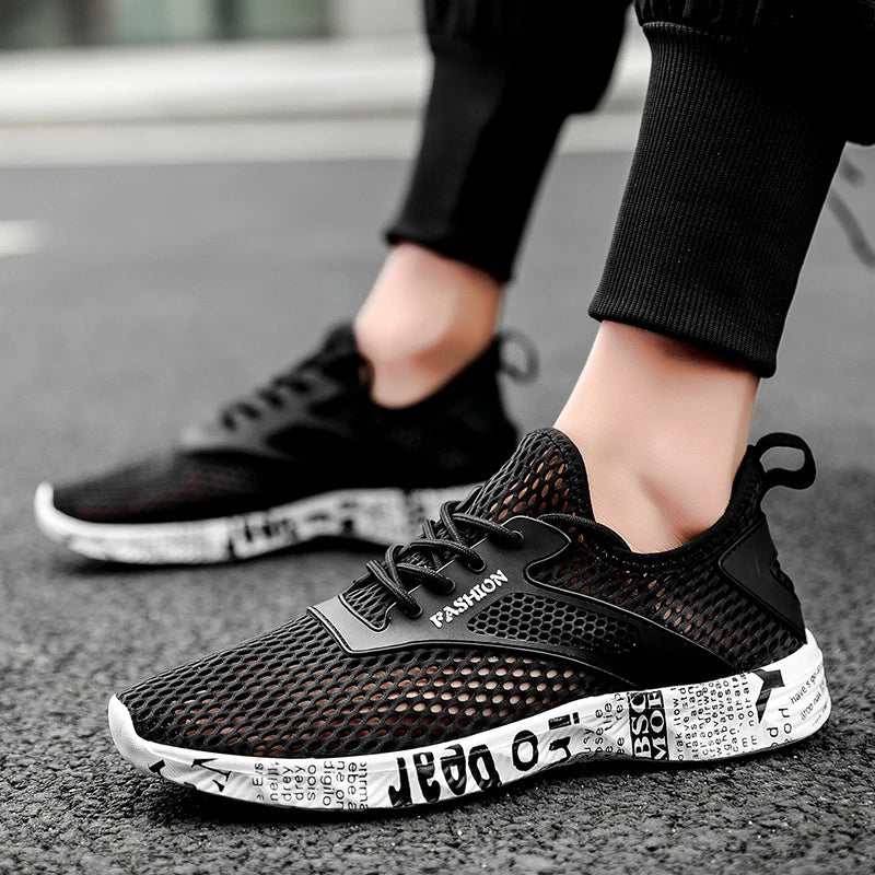 Summer Mens Black Hollow Mesh Sneakers Fashion Breathable Lightweight Casual Walking Shoes Printed Sole Outdoor Sports Footwear Hauptbild