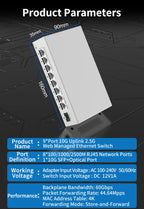 HORACO 2.5GbE Managed Switch 8 Port 2.5GBASE-T Netzwerk-Switcher 10G SFP+ Slot Uplink Web Managed Hub Internet Splitter Lüfterlos