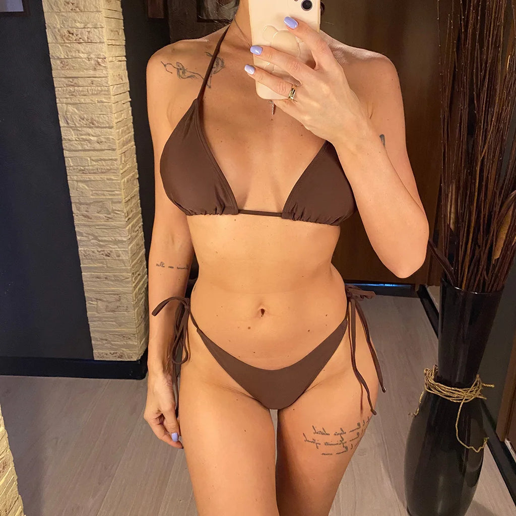 7 Farben Neckholder Brasilianischer Bikini Damen Bademode Weiblicher Badeanzug Zweiteiliges Bikini-Set Gepolsterter Badeanzug Damen V3536