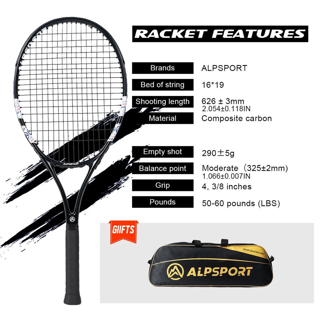 ALPSPORT Carbonfaser Tennisschläger T800 18K – Profi-Qualität mit Tasche & Band, leichter Trainingsschläger für Erwachsene, Herren & Damen