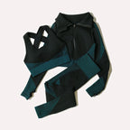 2/3tlg Damen Yoga Anzug Nahtlos Gestrickte Yogahose Leggings Kleidung Reißverschluss Langarm Crop Top Fitnesskleidung Sportbekleidung Gym Set