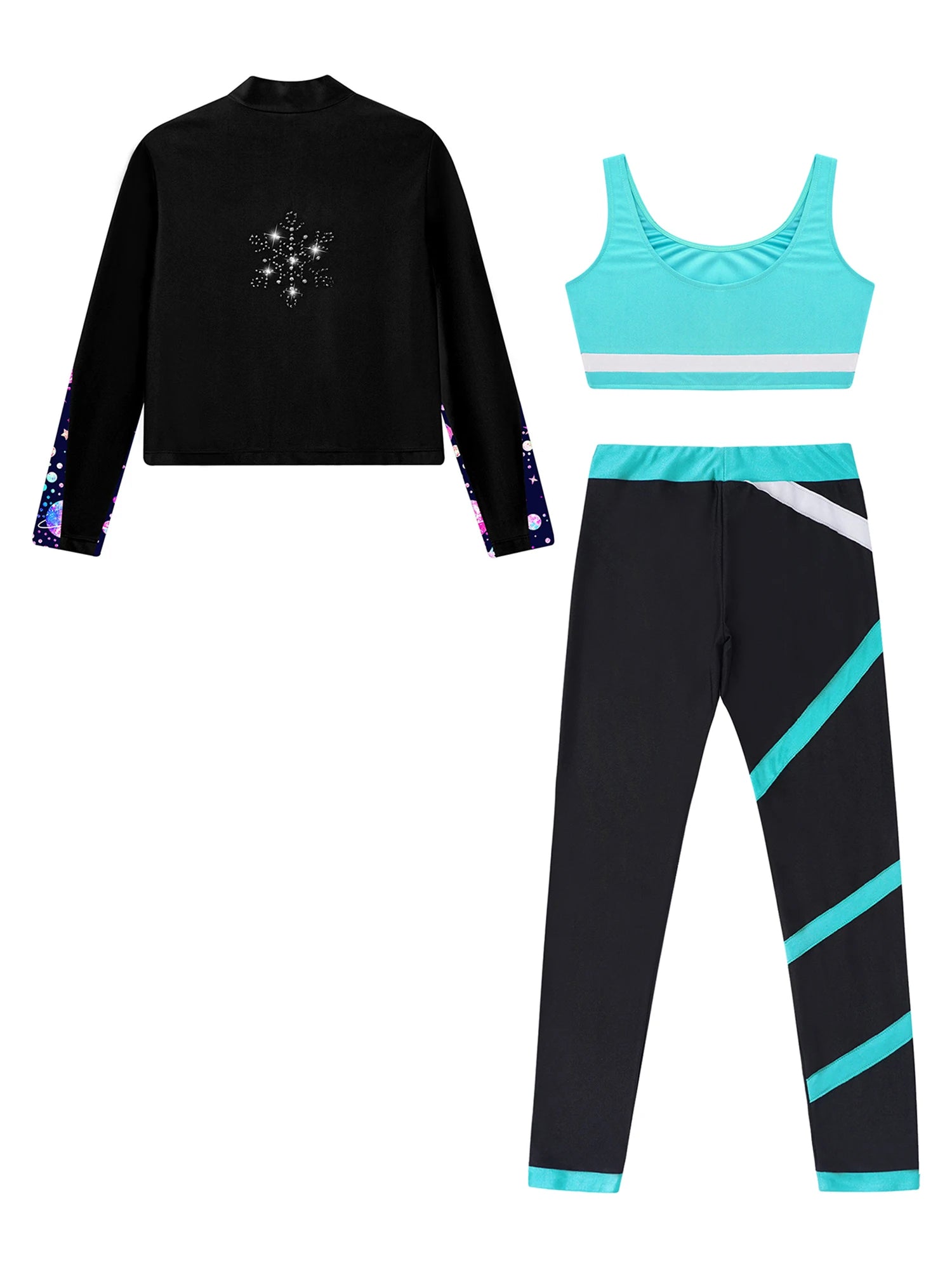 3Pcs Kids Girls Skating Athletic Fitness Workout Tracksuit Sleeveless Vest Top +Pants with Long Sleeve Zipper Sweatshirt Gym Set