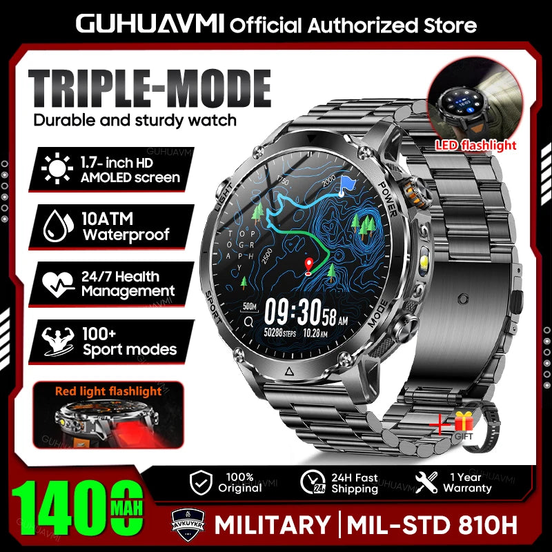 2026 Neue TANK Ultra 1400mAh Akku Militär Smartwatch 10ATM Wasserdicht Herzfrequenz Taktische LED Taschenlampe Herren Sportarmband