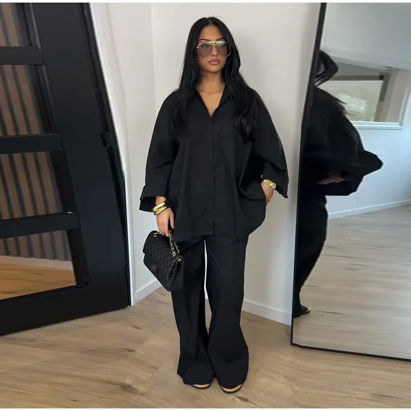 Damen Anzug mit Revers, langen Ärmeln, chic, einreihig, weites Bein, lange Hose, Sets 2026, lässiges, lockeres Outfit für den Alltag