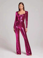 Damen-Jumpsuits Pailletten Einteiler Bodenlang Hosen-Overalls Lange Ärmel Bodycon Party-Nacht-Strampler Spleiß Hohe Taille Gürtel