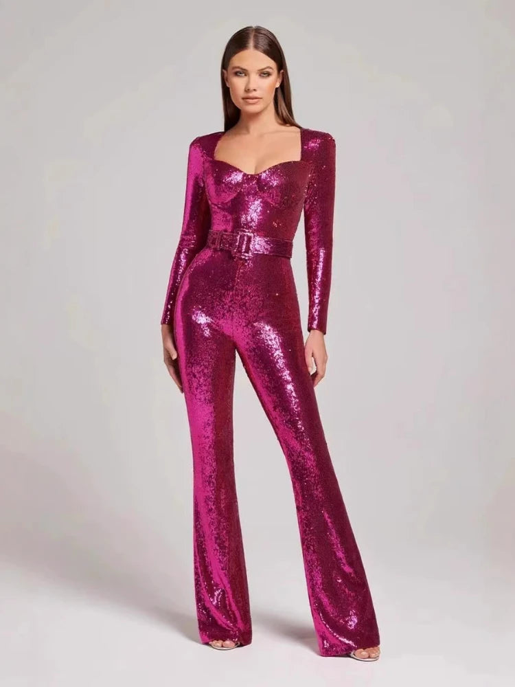 Damen-Jumpsuits Pailletten Einteiler Bodenlang Hosen-Overalls Lange Ärmel Bodycon Party-Nacht-Strampler Spleiß Hohe Taille Gürtel