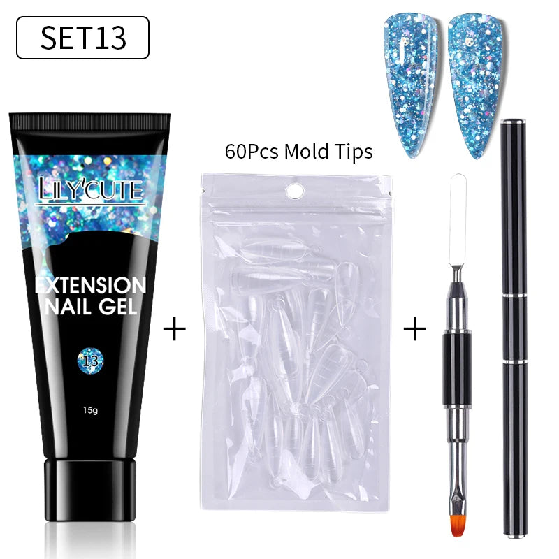 LILYCUTE 15ml Verlängerungsgel-Nagellack-Set Quick Nail Prolong mit Verlängerungsform-Nagelspitzen Acryl-Lösung Maniküre-Werkzeug-Kit
