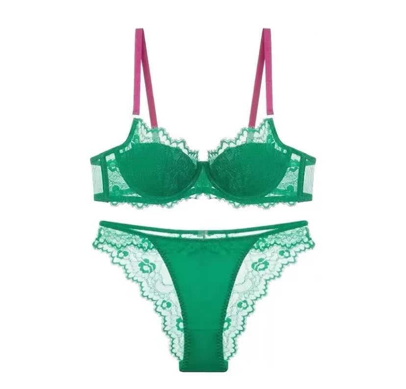 Sexy Spitzen-BH- und Höschen-Set, Minimizer, Anti-Sagging, vollflächig bedeckend, verstellbarer Bügel, große Bruststütze, dünne Seitenstütze, kein Überlaufen