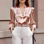 Neue Satinbluse für Damen V-Ausschnitt Langarm Französisches Oberteil Mode Pullover Weiß Einfache Büro Professionelle Damen Rosa Blusen