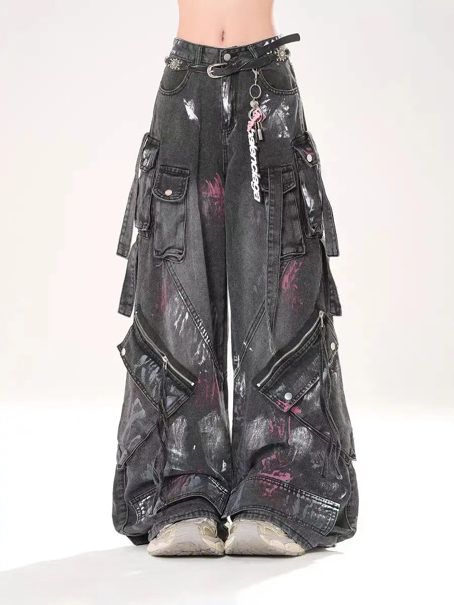 Y2K Harajuku Gothic Multi-Pocket Washed Black Jeans Herren Und Damen 2000er Heavy Industry Drag Pants Street Hip Hop Wide Leg Pants