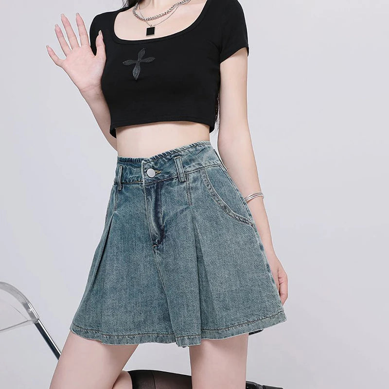 Koreanische Lässige High Waist Plissierte Denim Shorts Für Frauen Frühling Sommer Baggy Jeans Shorts Y2k A-Linien Weite Beine Jeans
