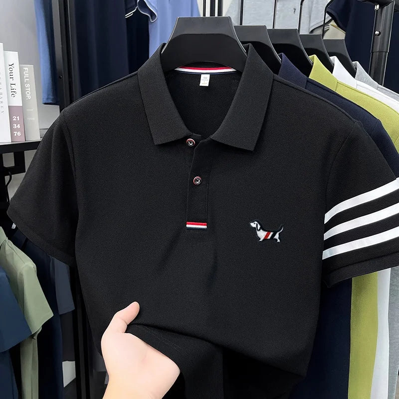 Luxusmarke Herren hochwertiges Kurzarm-Poloshirt Revers Stickerei Welpe Manschette Streifen T-Shirt Business Freizeit Herrenbekleidung