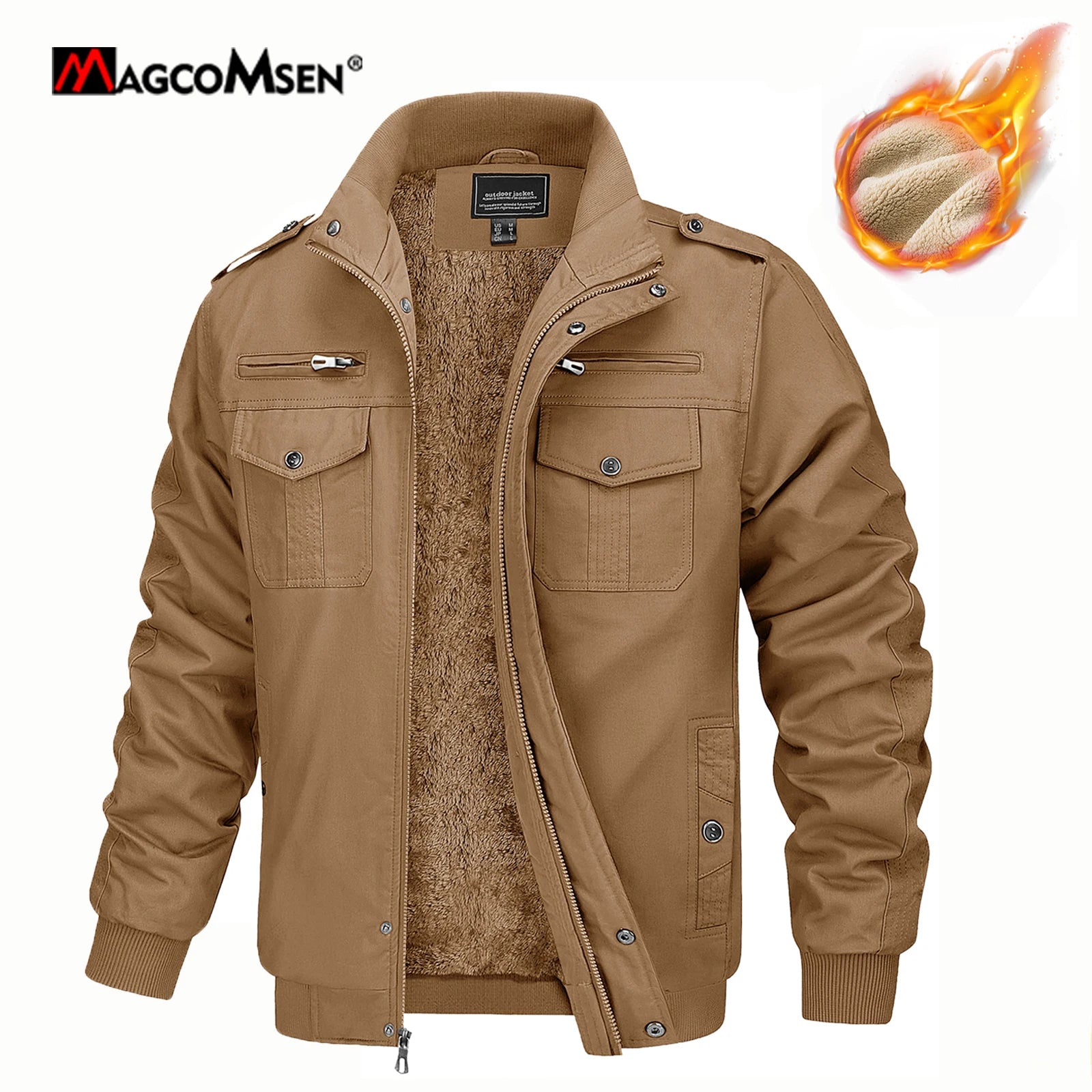MAGCOMSEN Herren Fleecejacken Windbreaker Mäntel Herbst Winter Thermo Bomberjacken Multi-Taschen Stehkragen Motorradjacke