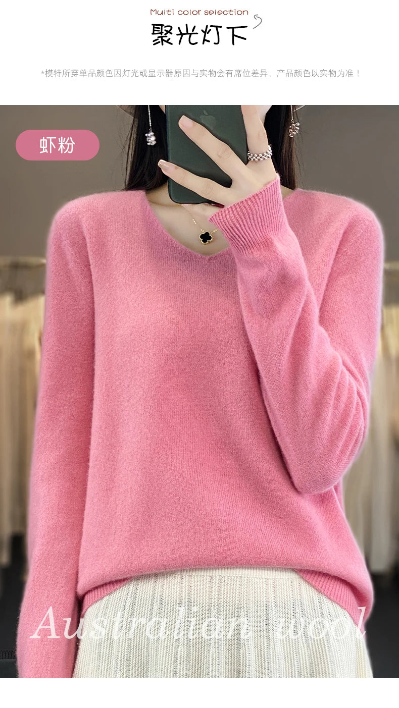Damen 100% Merinowolle Pullover V-Ausschnitt Basic Pulli Herbst Winter Kaschmir Kleidung Langarm Weiche Strickware Oberteile Unifarben