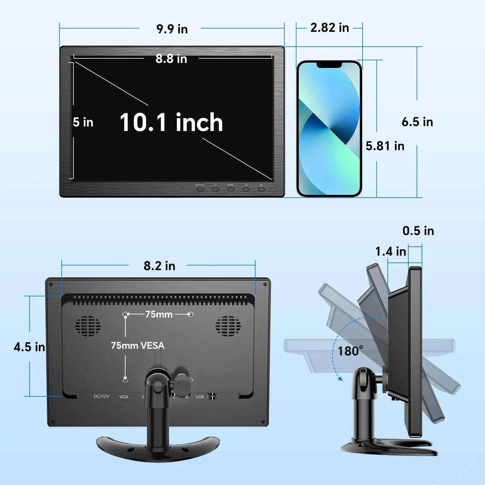 Eyoyo EM101AD 10-inch Security Monitor 1366x768 HD Resolution LCD Screen Desktop Monitor Supports Wall Mounted, HDMI VGA AV BNC USB Input, Built-in Speakers, Second Display for Computer PC CCTV Camera NVR