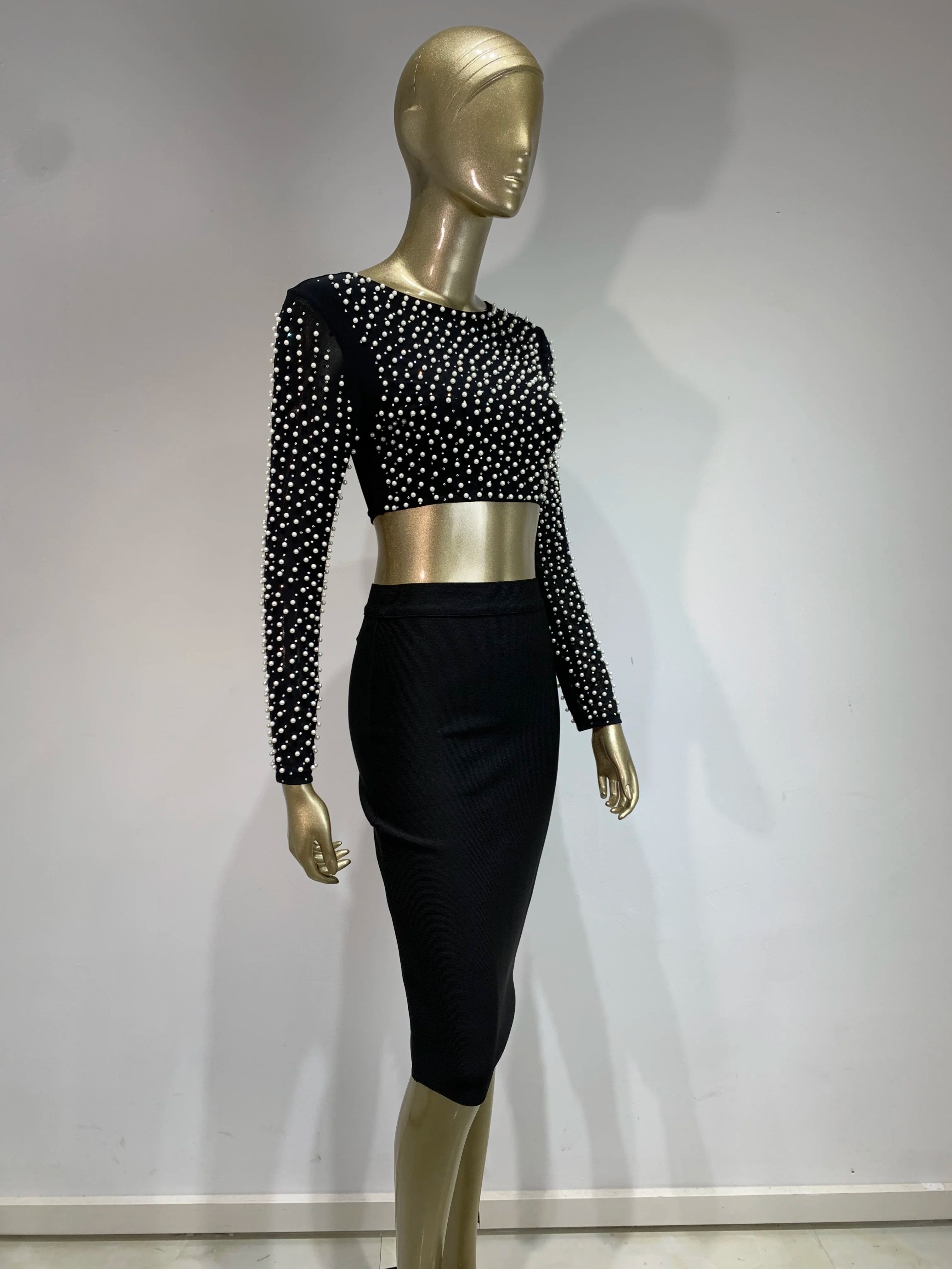 Sexy O-Ausschnitt Langarm Mesh Perlen Beige Schwarz Celebrity Midi Damen Bandagen-Set 2024 Designer Abendparty Damen-Set