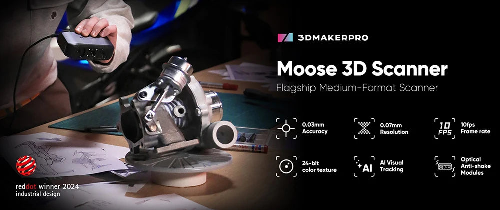3DMakerpro Moose 3D Scanner, 0.03mm Accuracy, 0.07mm Resolution, Blue LED Light Source, Al Visual Tracking, 24-bit Color Camera