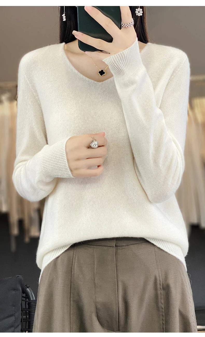 Damen 100% Merinowolle Pullover V-Ausschnitt Basic Pulli Herbst Winter Kaschmir Kleidung Langarm Weiche Strickware Oberteile Unifarben