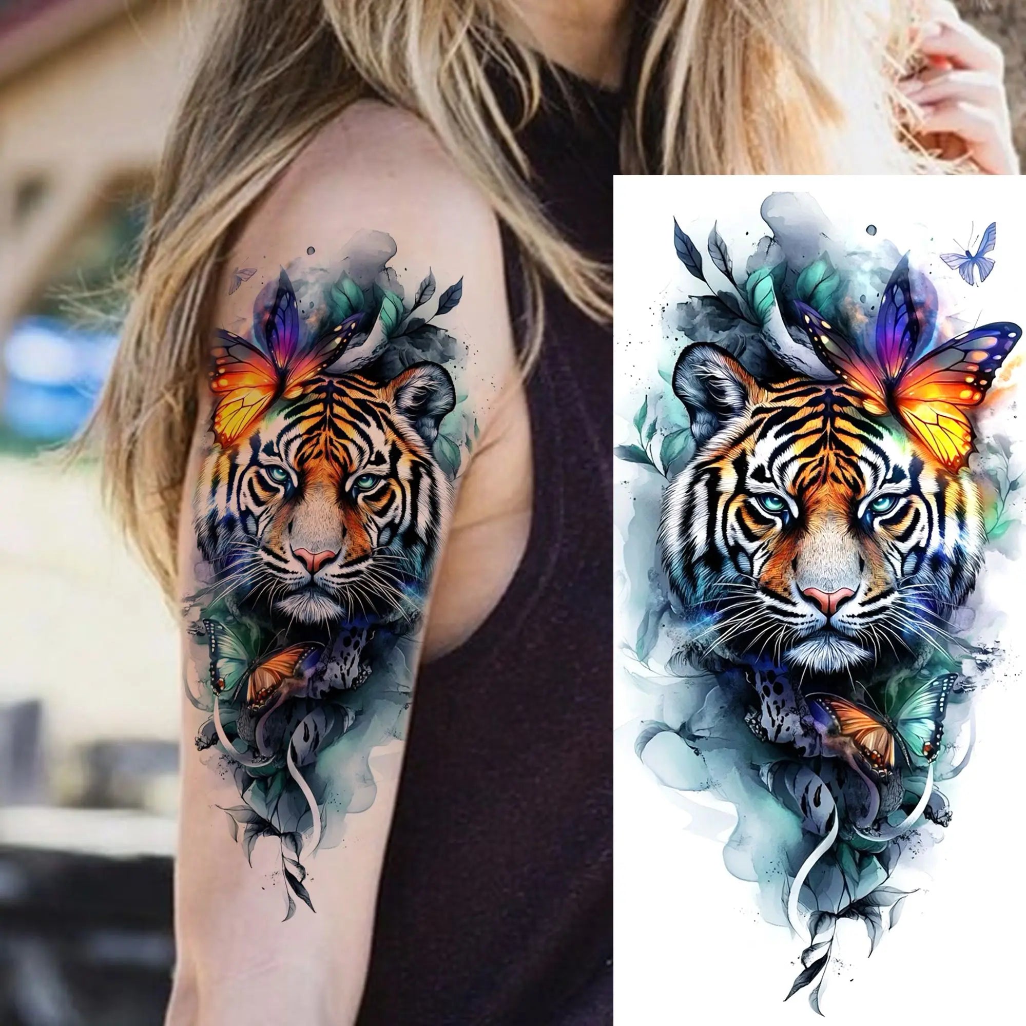 1 Blatt einzigartige Aquarell-Löwe-Tiger-Tier-Temporäre Tattoos langanhaltend wasserdicht Fuchs Eule gefälschter Tattoo-Aufkleber Körperkunst Tattoo