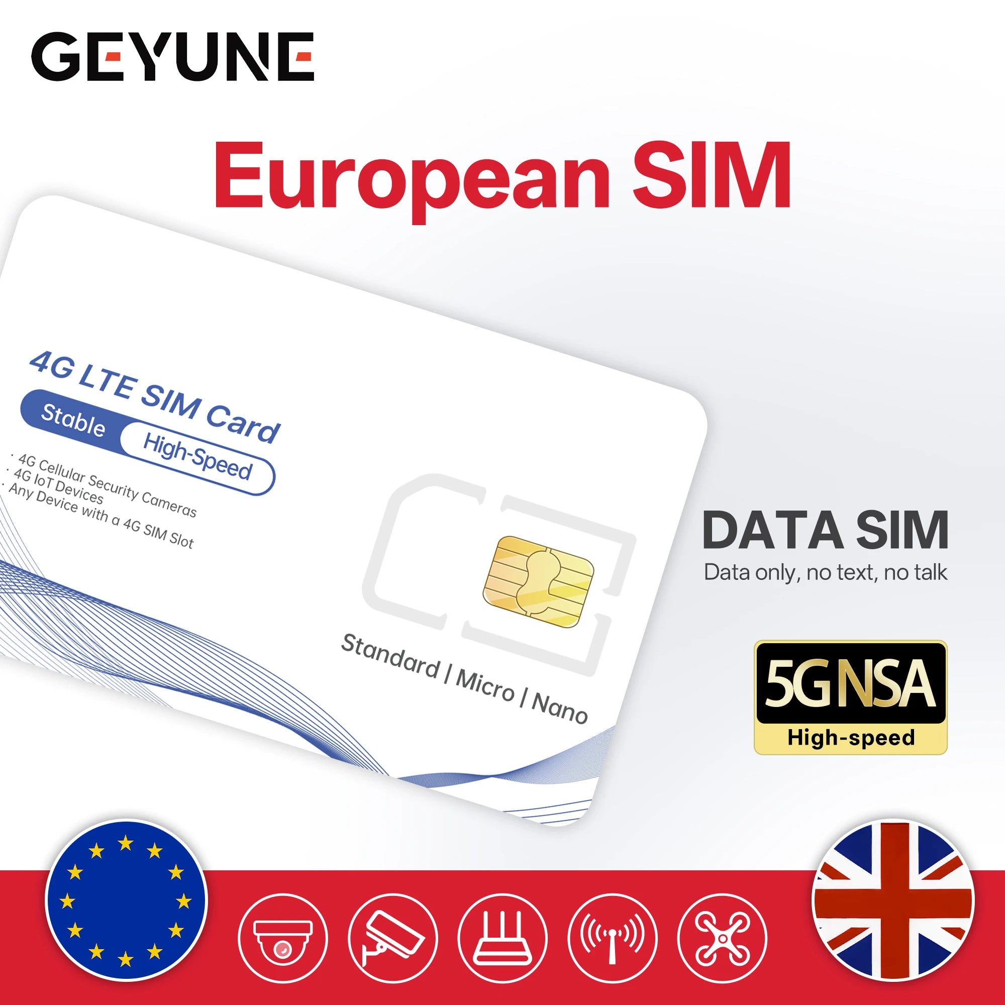 Europa Prepaid Daten-SIM-Karte, Abdeckung in Europa/Großbritannien, High-Speed 5G/4G LTE, Nur-Daten-SIM-Angebot für 4G-Kameras und Reisen