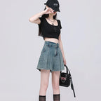 Koreanische Lässige High Waist Plissierte Denim Shorts Für Frauen Frühling Sommer Baggy Jeans Shorts Y2k A-Linien Weite Beine Jeans