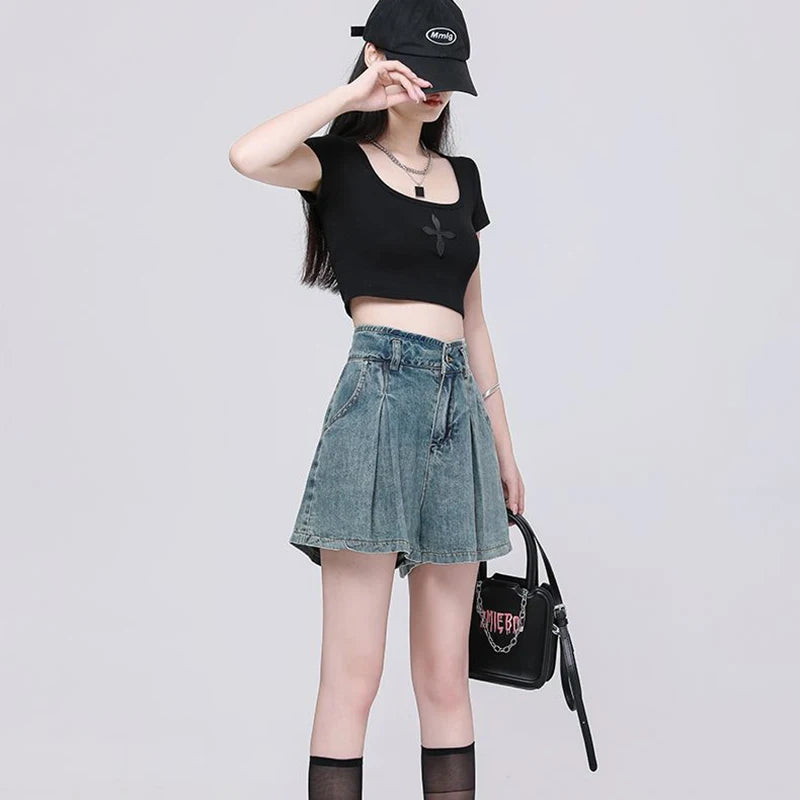 Koreanische Lässige High Waist Plissierte Denim Shorts Für Frauen Frühling Sommer Baggy Jeans Shorts Y2k A-Linien Weite Beine Jeans